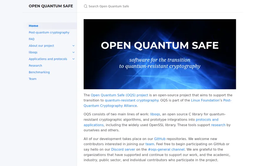 Open Quantum Safe homepage