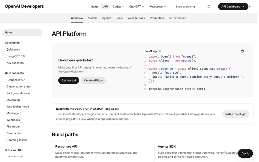 OpenAI docs homepage