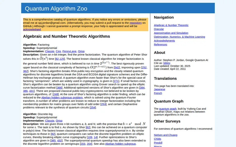 Quantum Algorithm Zoo homepage