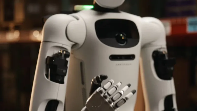 An Apptronik Apollo humanoid, its face screen lit