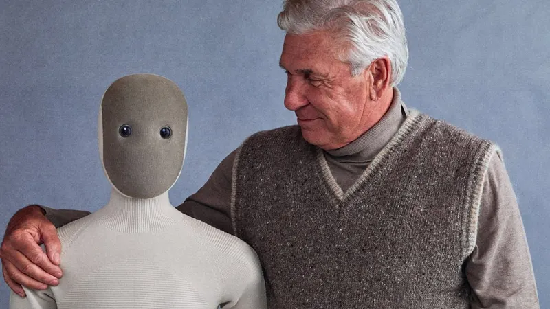 A 1X NEO home robot in its knitted suit, beside a person