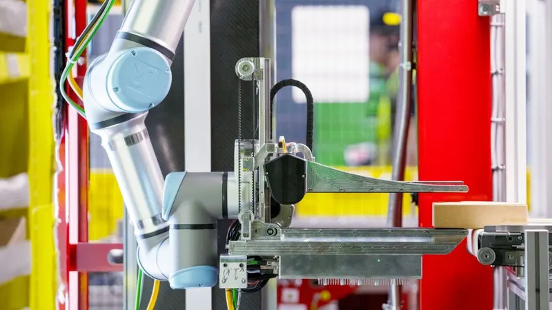 Amazon’s Vulcan robot arm stowing an item in a fulfilment centre