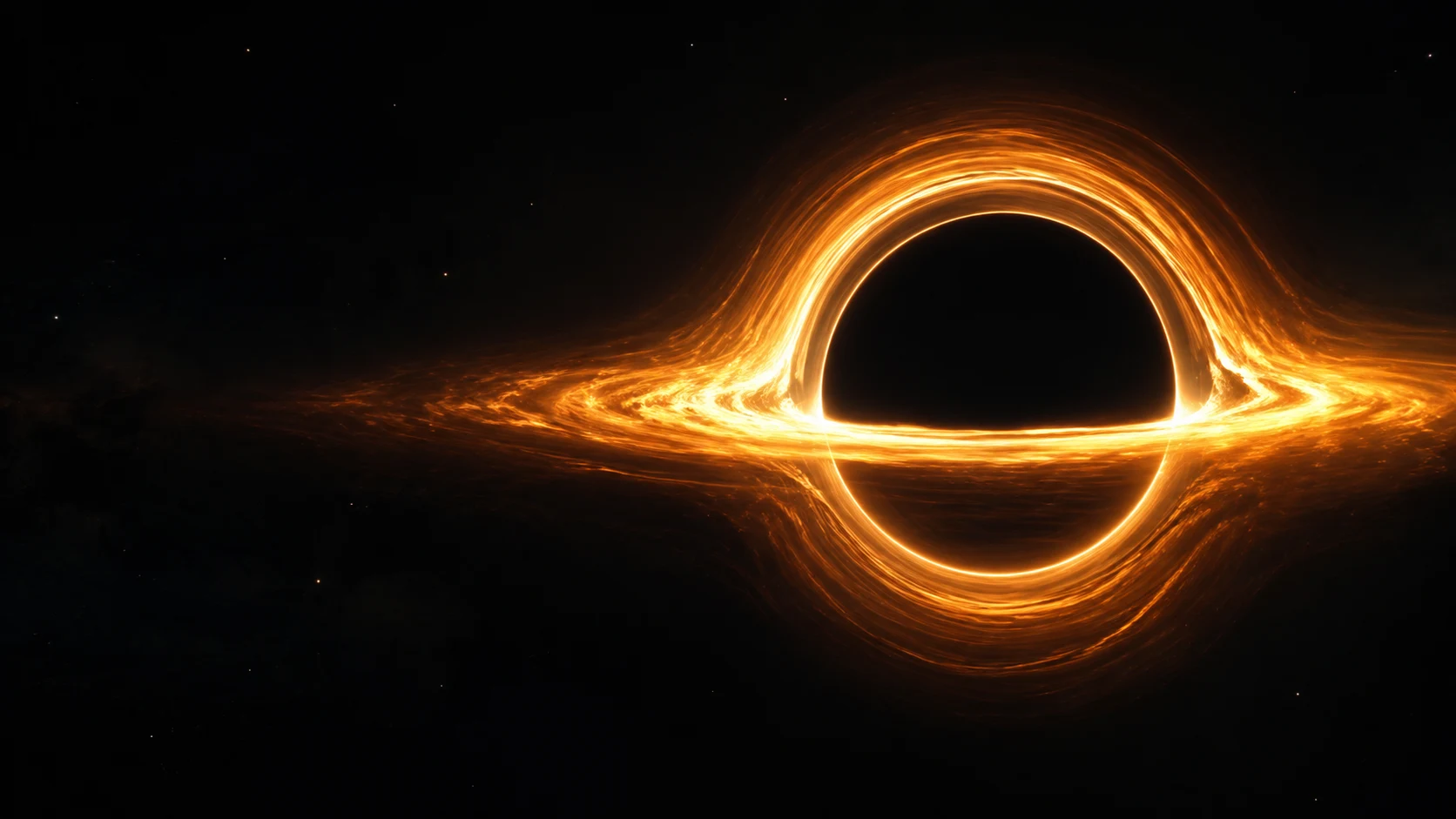 Generated concept artwork of a black hole surrounded by an amber accretion disc and curved light.
