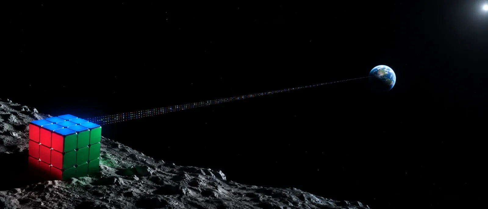 A small cube of blue, red and green tiles on the lunar surface, sending a thin stream of coloured signal across space towards a distant Earth.