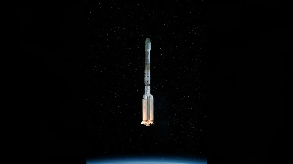 A Long March 3B lifting off from Xichang, the launcher used for BeiDou navigation satellites, restyled onto a dark starfield.