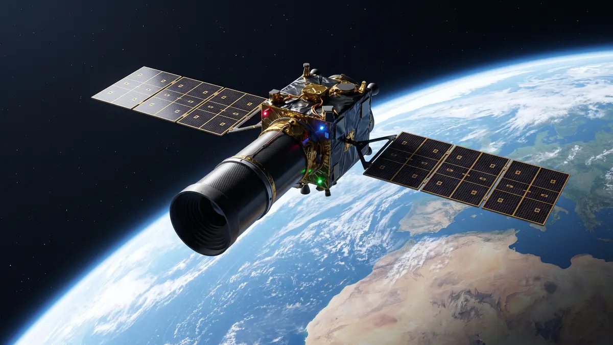 Concept artwork of a military optical reconnaissance satellite in orbit, its telescope barrel pointed down at the daylight limb of Earth.