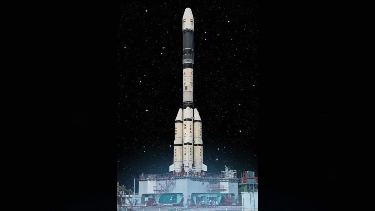 The GSLV rollout for the GSAT-7A military communications satellite, restyled onto a dark starfield.