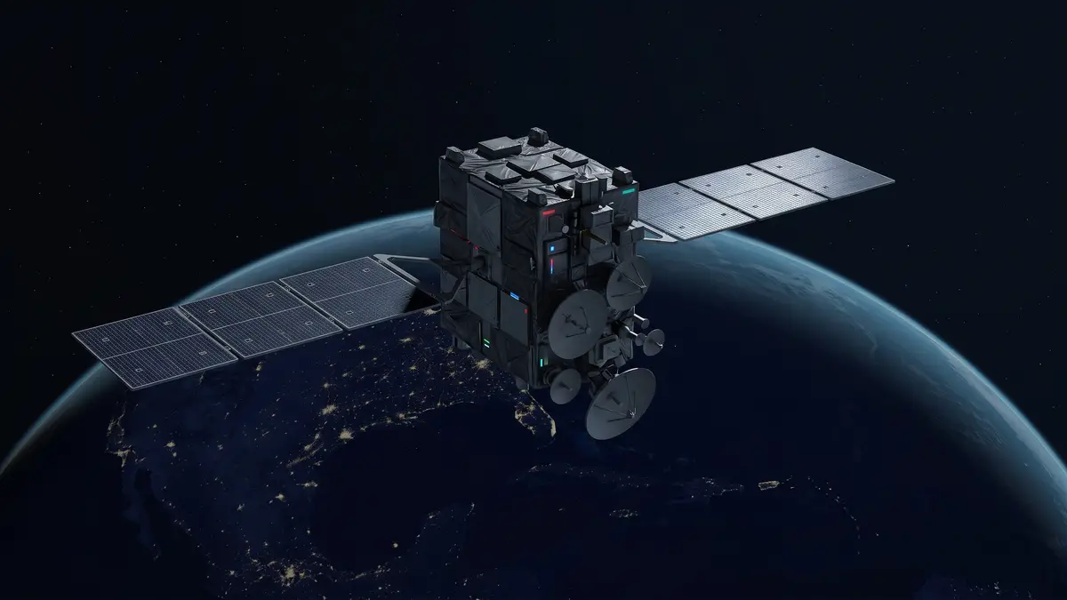 Concept artwork of a military X-band communications satellite in geostationary orbit above the night side of Earth, dish antennas pointed at the planet.