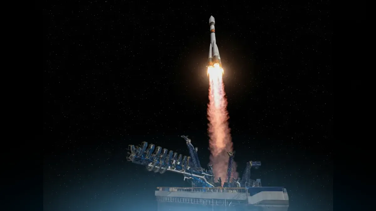 A Soyuz-2 lifting off from Plesetsk, Russia's military spaceport, restyled onto a dark starfield.
