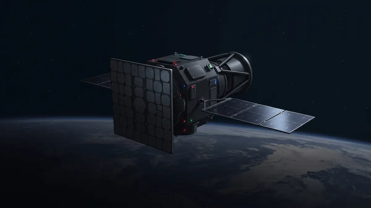 Concept artwork of a military reconnaissance satellite in low Earth orbit, carrying a large radar panel and a folded optical telescope above the dark limb of Earth.