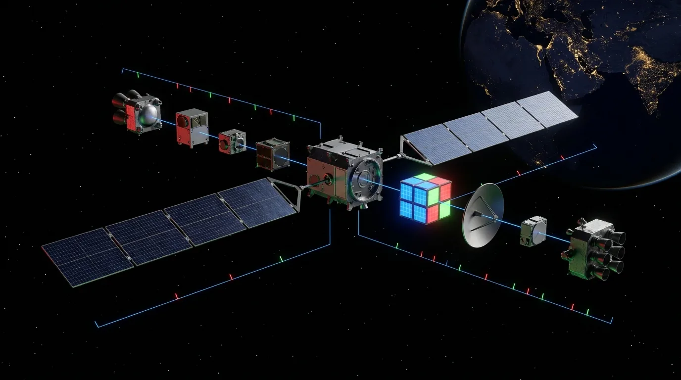 Concept artwork: an exploded view of a communications satellite, its components suspended in a neat line with fine blue leader lines and red and green measure ticks.