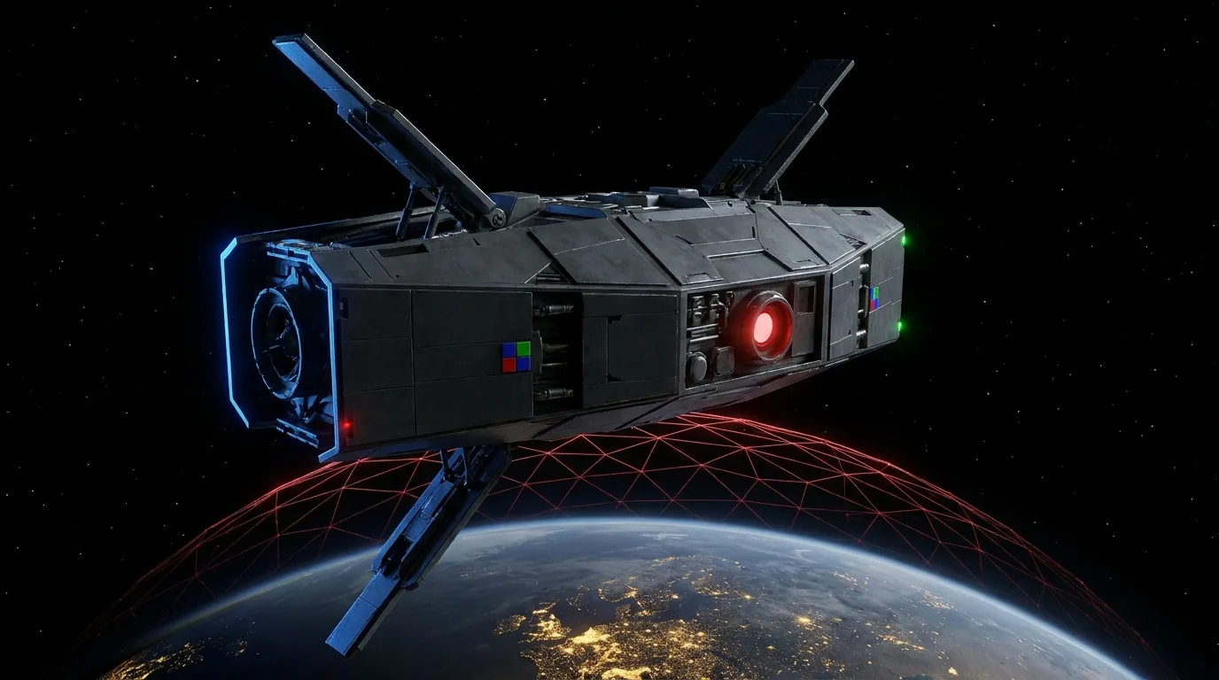 Concept artwork of an armoured defence satellite with a red sensor eye keeping watch above Earth, a faint red geodesic shield arcing over the planet below.