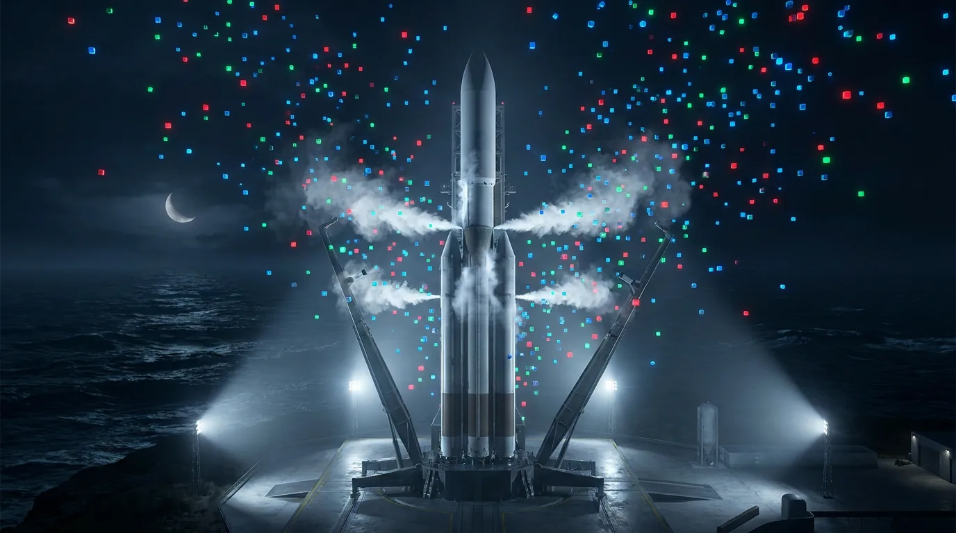 Concept artwork of a heavy-lift rocket on a floodlit coastal launch pad at night, strongback arms pulled away, its floodlight beams and vapour breaking into small red, blue and green cubes under a low moon.