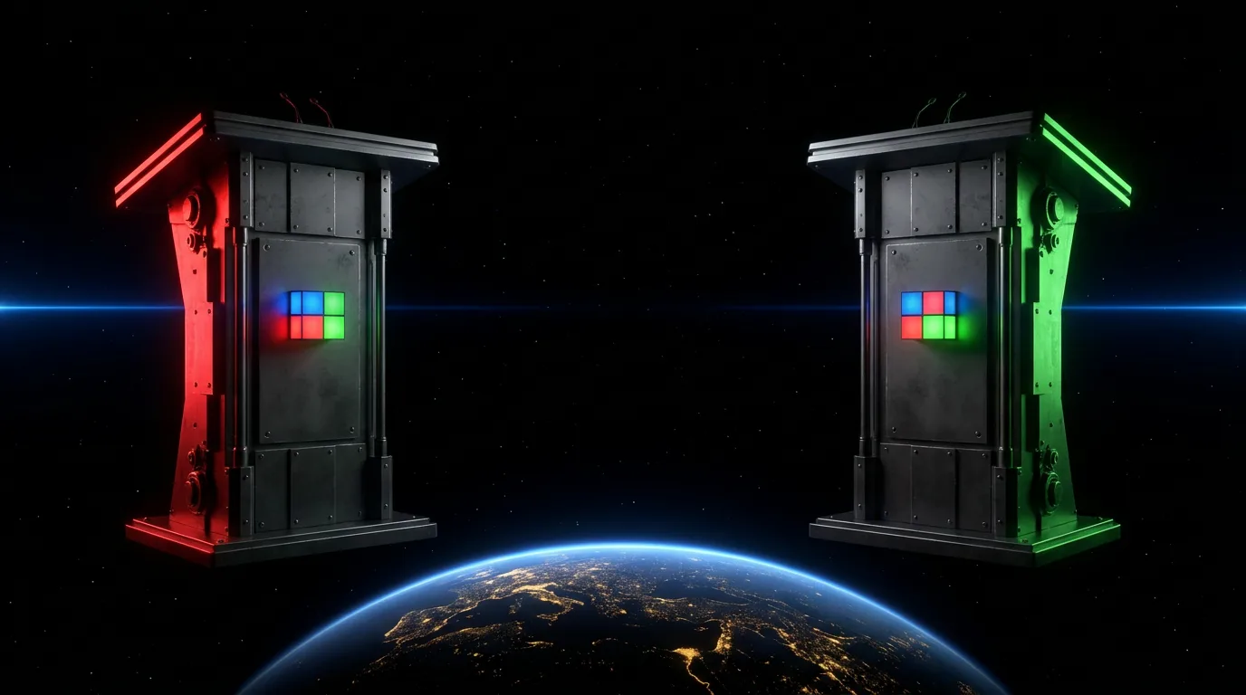 Concept artwork of two machined metal lecterns facing each other in orbit above Earth, one rim-lit red and one green, a thin blue horizon line between them.