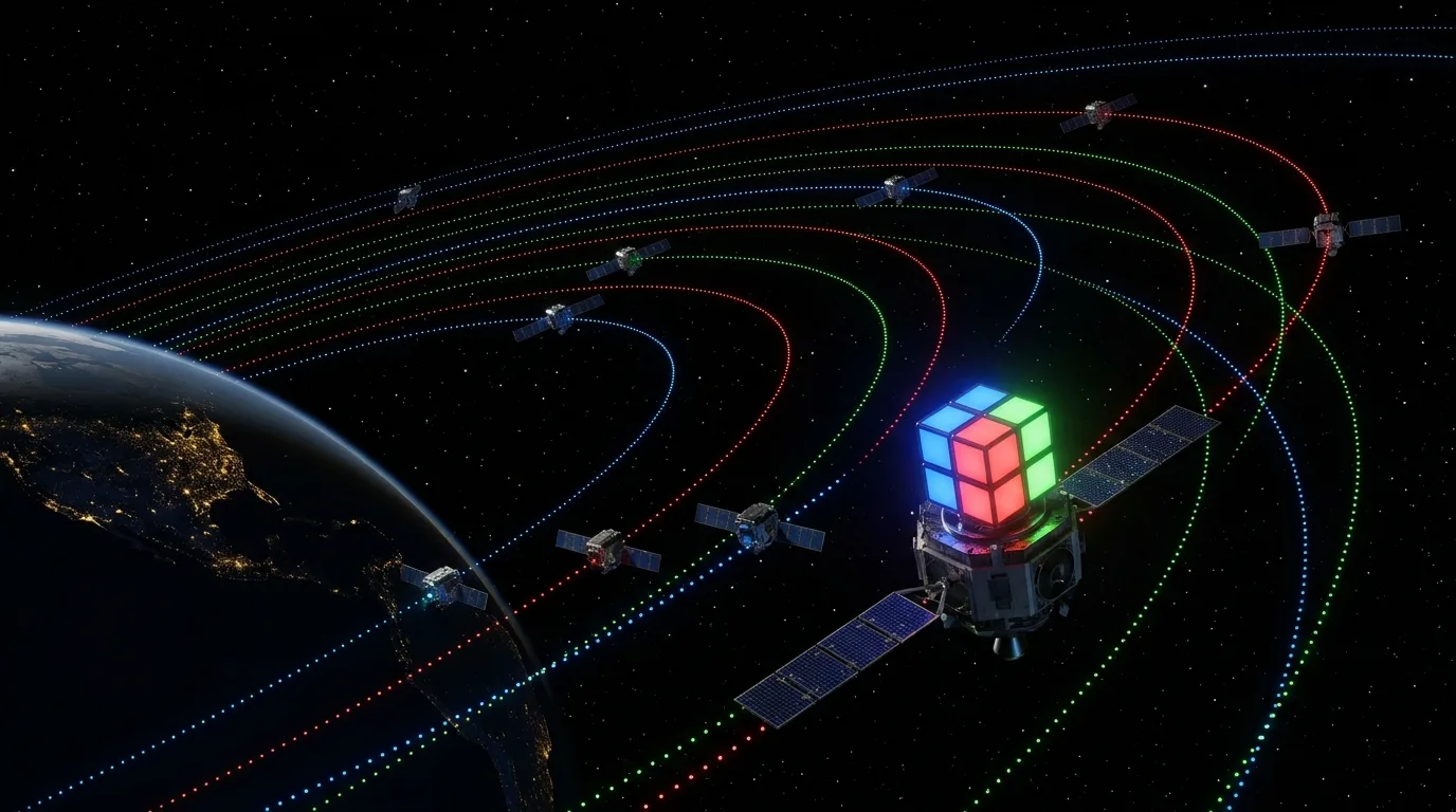 Concept artwork of a satellite carrying a glowing cube of blue, red and green tiles, holding station inside concentric dotted orbital lanes of red, green and blue light around Earth's night limb.