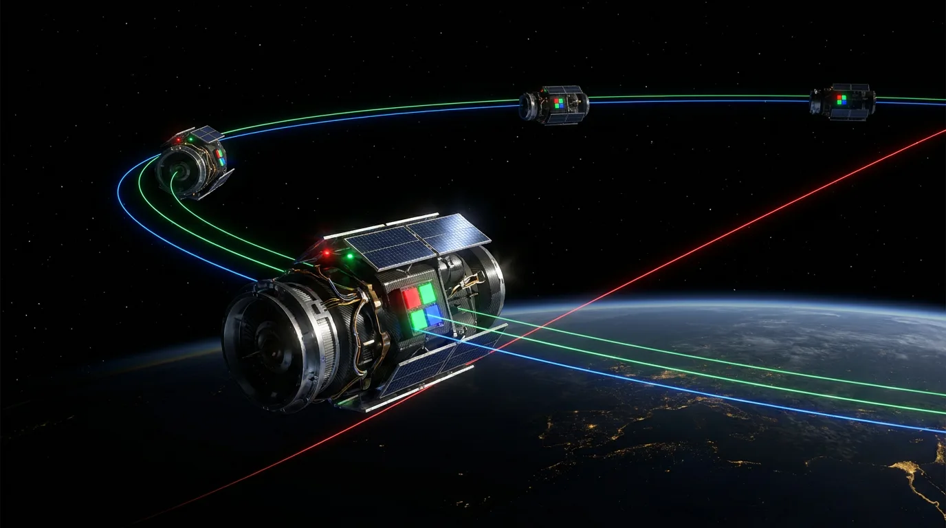 Concept artwork of four communications satellites flying in formation above Earth at night, linked by thin blue and green orbital trace lines, one red line diverging.
