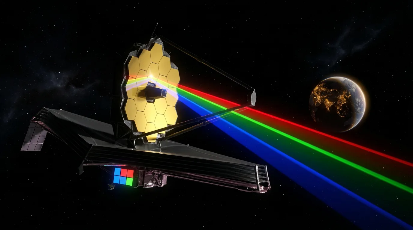 Concept artwork of a space telescope with a segmented golden mirror splitting starlight into red, green and blue beams, Earth small in the distance.