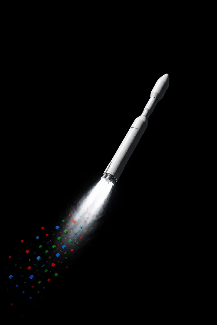 Concept artwork of a two-stage rocket climbing on a bright plume that dissolves into red, blue and green cubes.