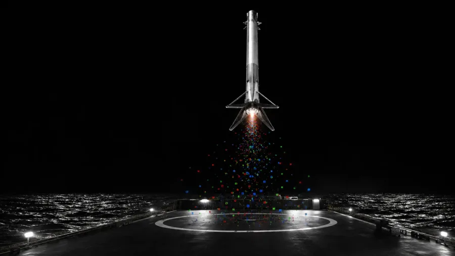 Concept artwork of a booster in its landing burn above a droneship deck circle, the plume breaking into red, blue and green cubes.