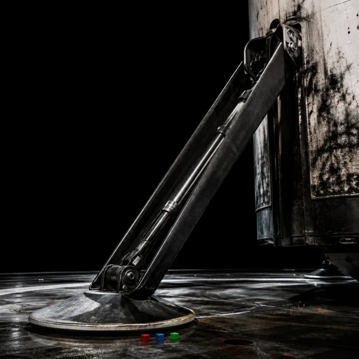 Concept artwork of a deployed carbon-fibre landing leg, its telescoping strut latched to a sooty hull, foot pad on scorched deck steel.