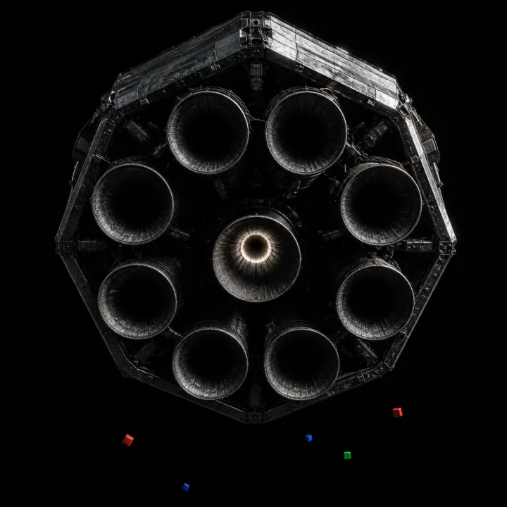 Concept artwork of nine rocket engine nozzles seen from below, eight in a ring around one centre engine inside a dark octagonal bay.