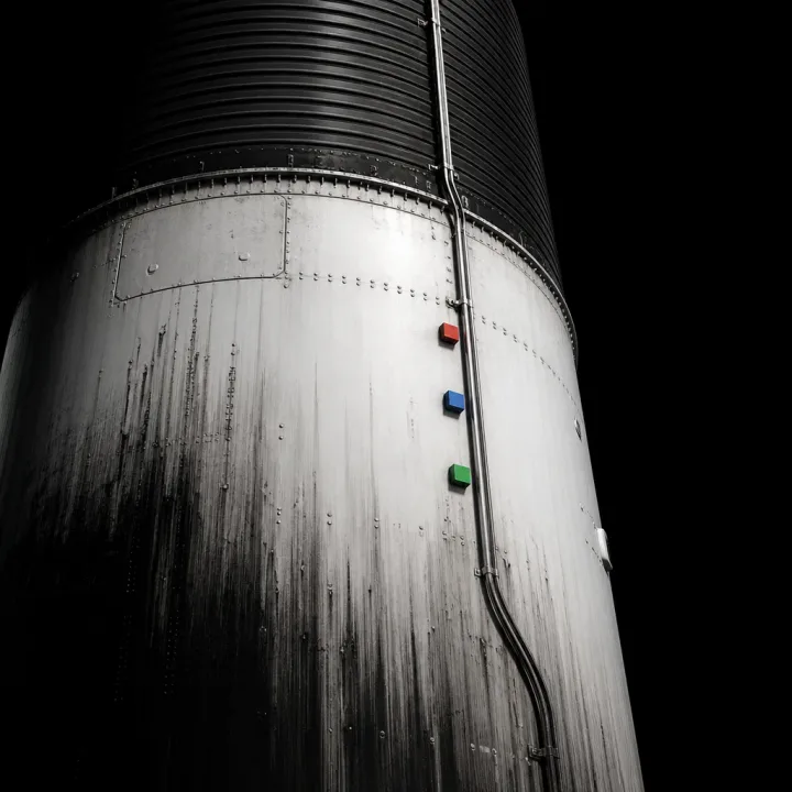 Concept artwork of a booster tank wall and interstage in close view, seams and raceway conduit picked out, with one red, one blue and one green cube beside it.