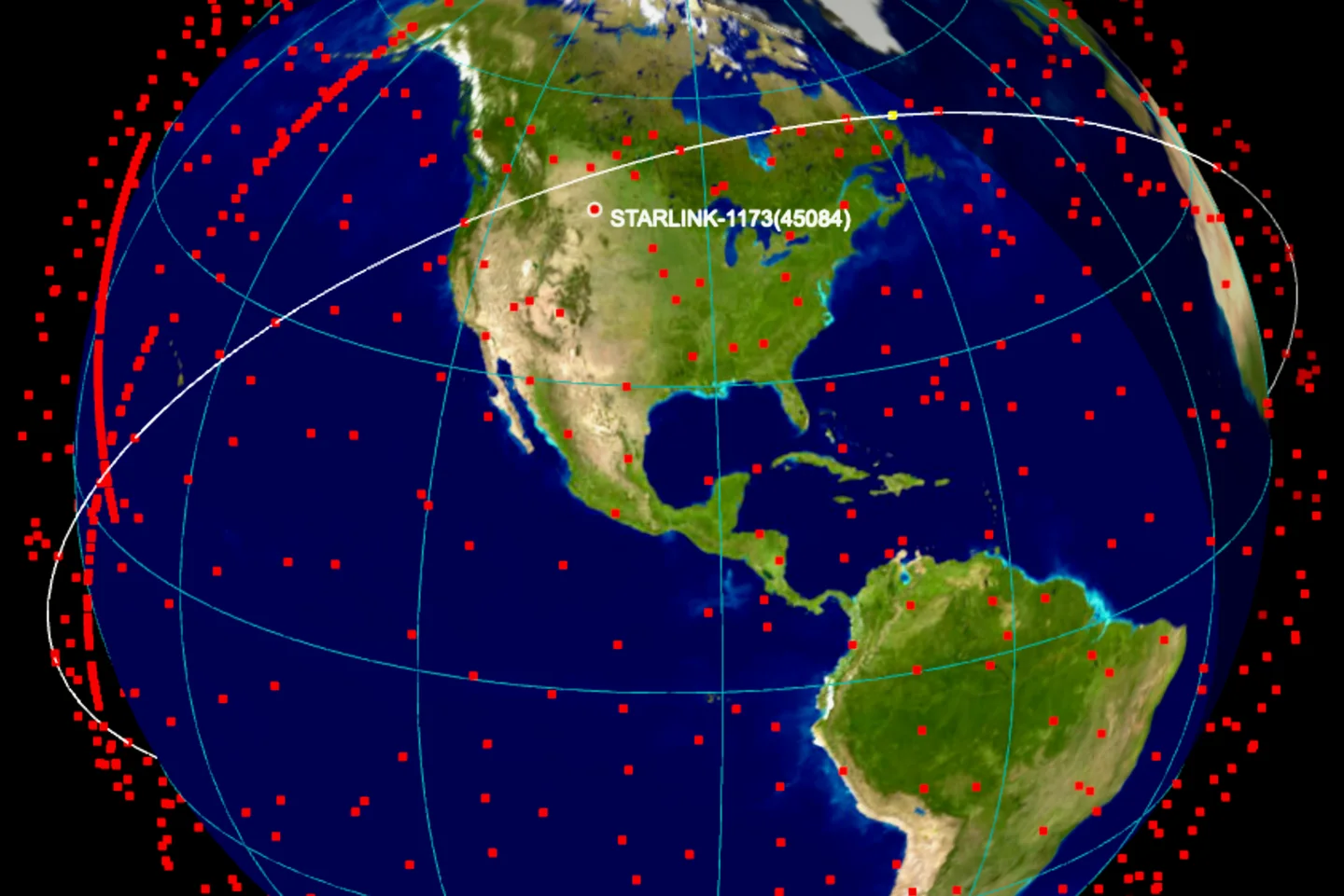 A satellite-tracking visualisation of the Starlink constellation, hundreds of satellites drawn as red points wrapped around the globe with one satellite's orbit traced as a white ring