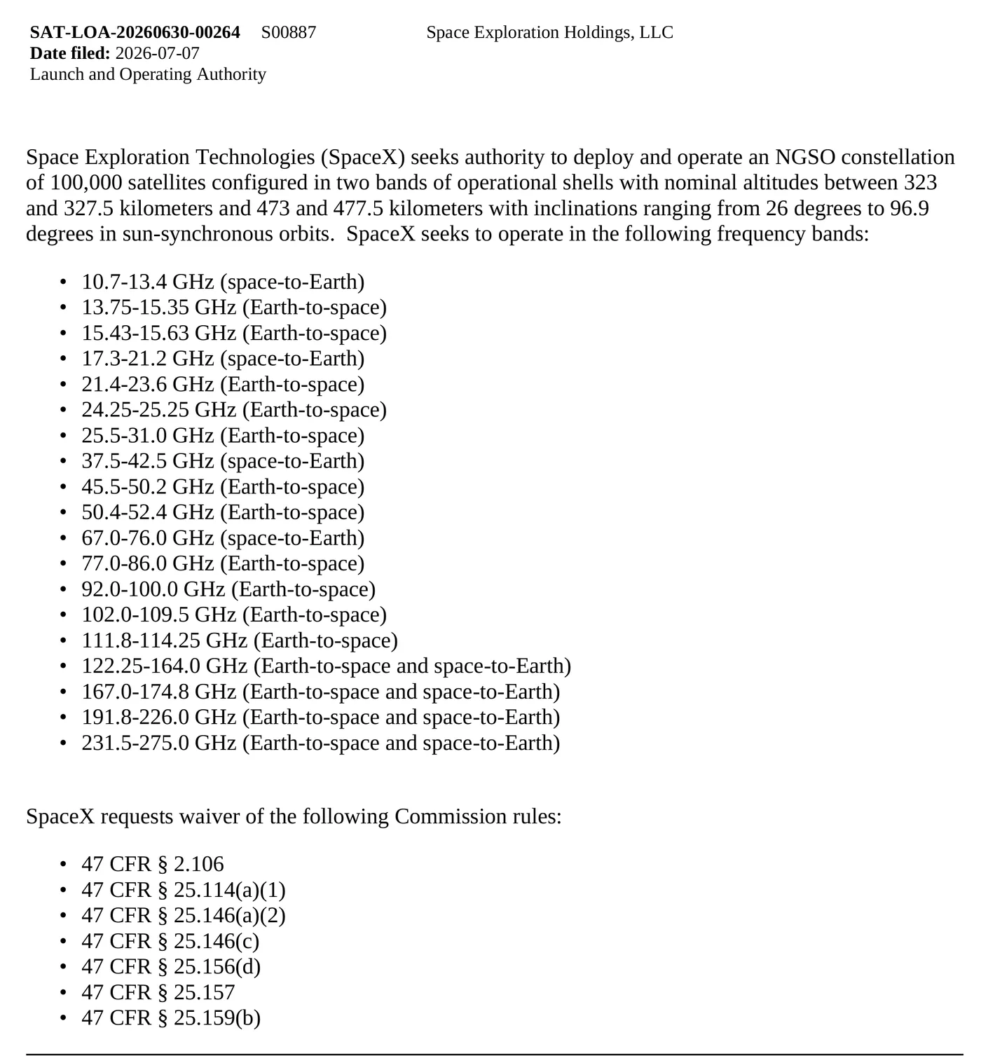The FCC's public notice of 18 September 2026 listing the Gen3 application as accepted for filing, describing an NGSO constellation of 100,000 satellites in shells between 323 and 327.5 kilometres and 473 and 477.5 kilometres at inclinations from 26 to 96.9 degrees