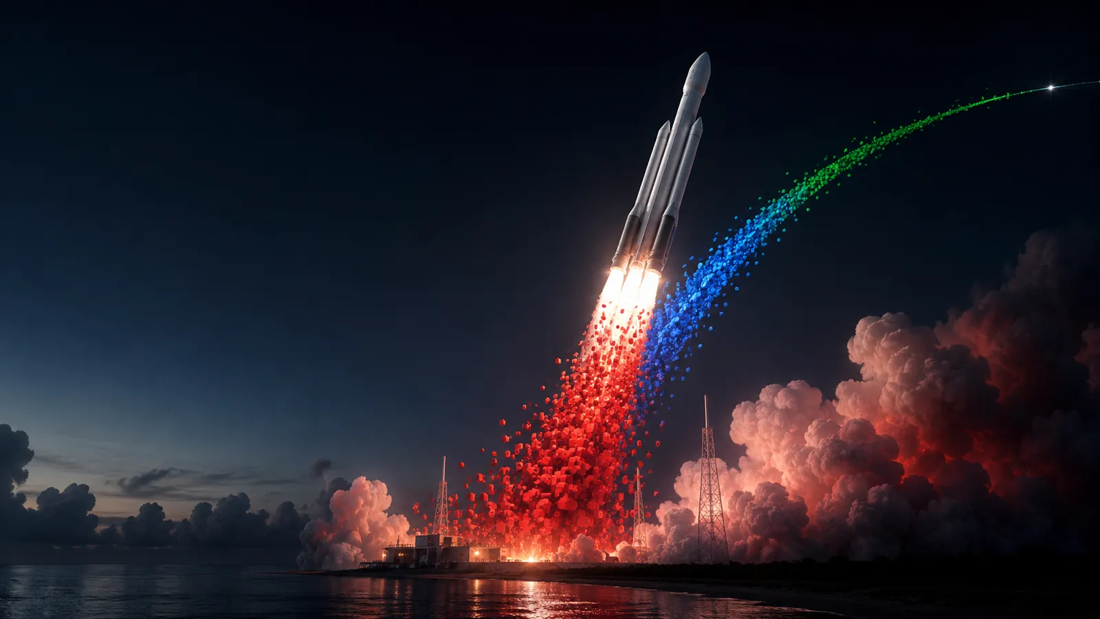 Concept artwork of a heavy-lift rocket climbing from a coastal pad at dusk, its exhaust plume breaking into red, blue and green cubes.