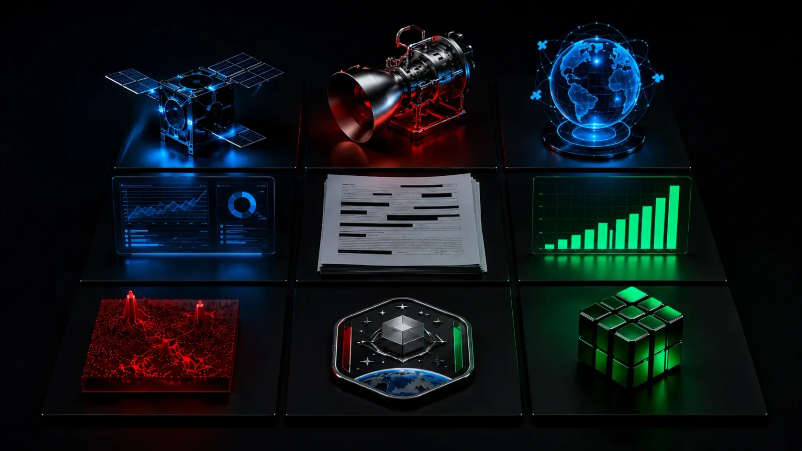 Concept artwork of a dark three-by-three grid of glowing objects: a satellite, an engine, a holographic globe, charts and a colour cube.