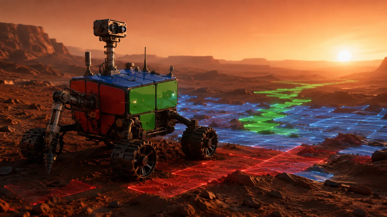 A rover with a cube of blue, red and green modules crossing red Martian terrain, its route marked in green.