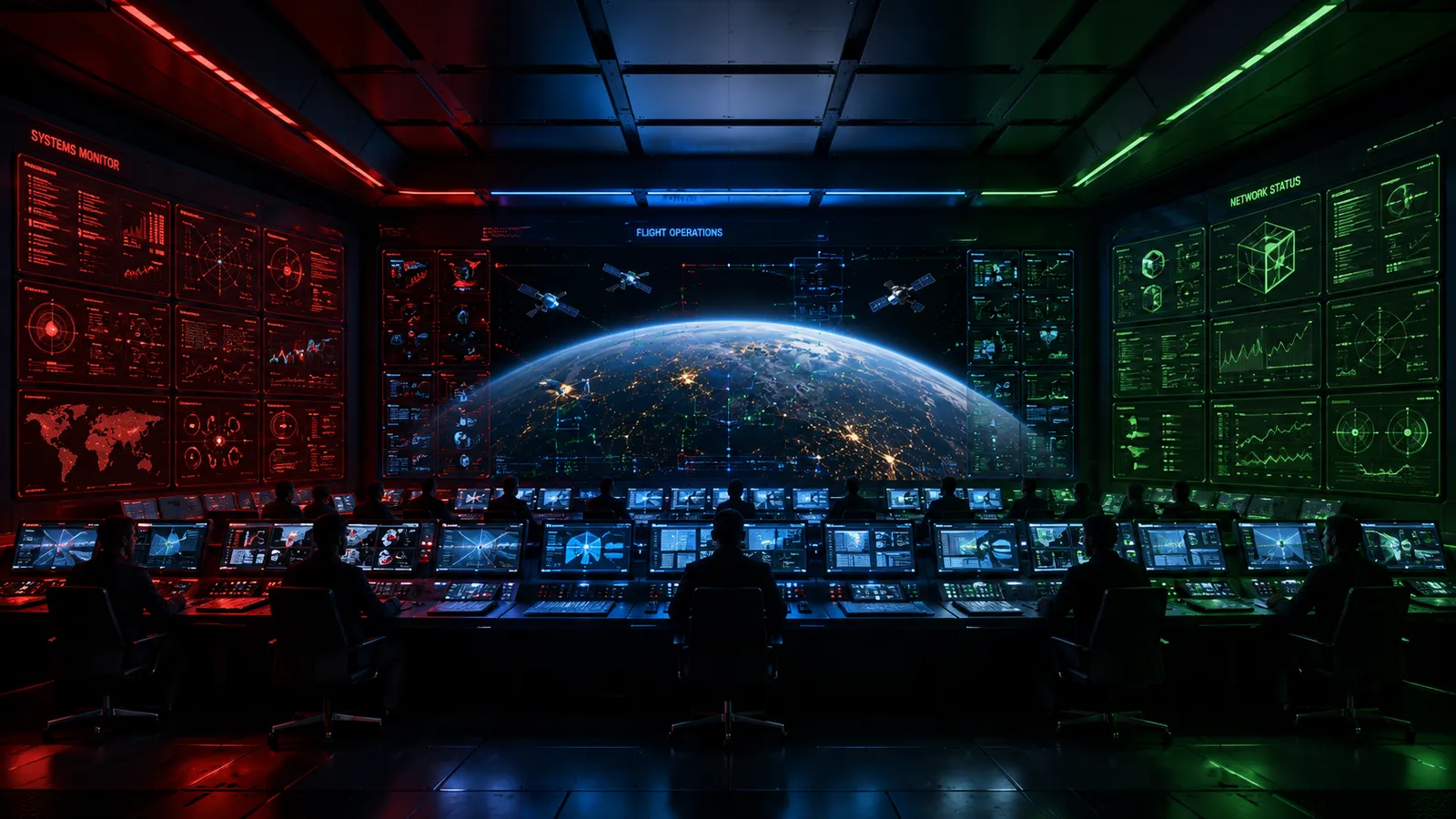 A dark operations room: red instrument wall to the left, green to the right, a blue holographic Earth at the centre.