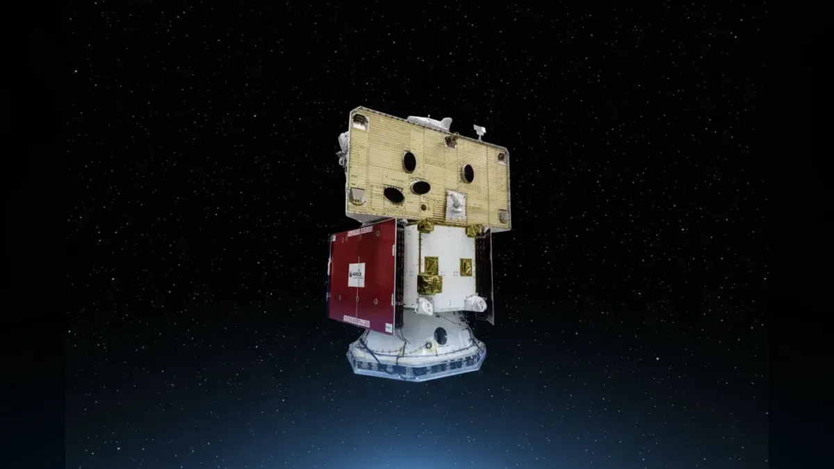 The assembled BepiColombo stack during pre-launch testing, restyled onto a dark starfield.