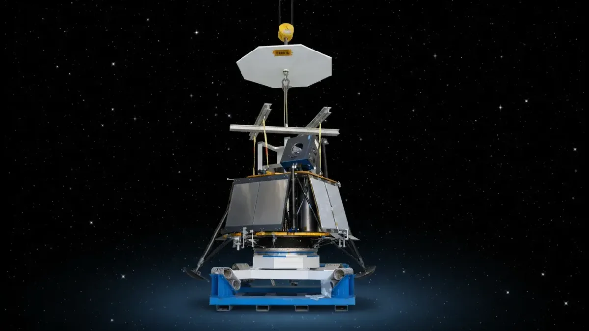 Blue Ghost Mission 2's structural qualification model during shaker testing at JPL, restyled onto a dark starfield.