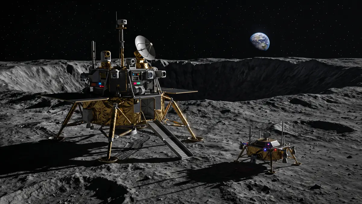 Concept artwork of a robotic lunar lander with a small hopper craft beside it near the Moon's south pole, Earth low on the horizon.