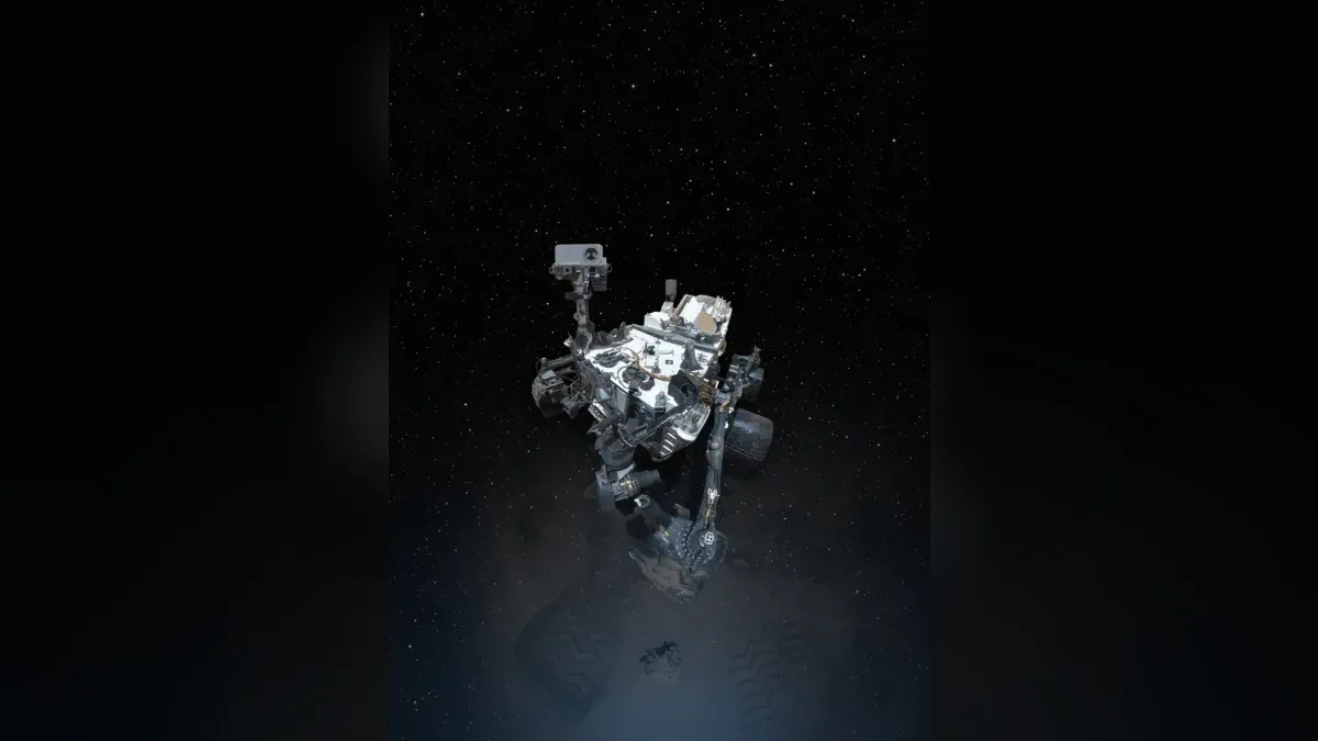 Curiosity's self-portrait at Rocknest in Gale Crater, restyled with a deep-space sky.
