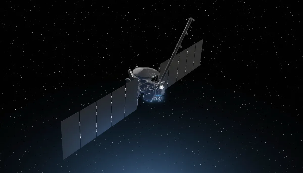 Artist's concept of Europa Clipper with its solar arrays deployed, restyled onto a dark starfield.