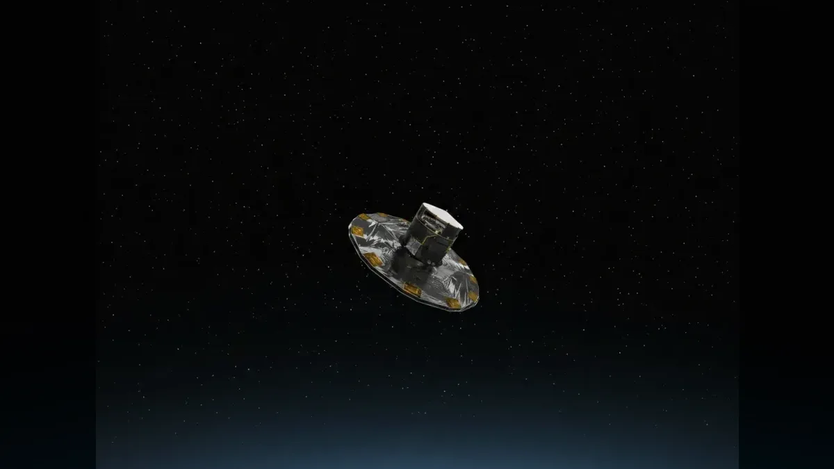 Artist's impression of the Gaia spacecraft against the Milky Way, restyled onto a dark starfield.