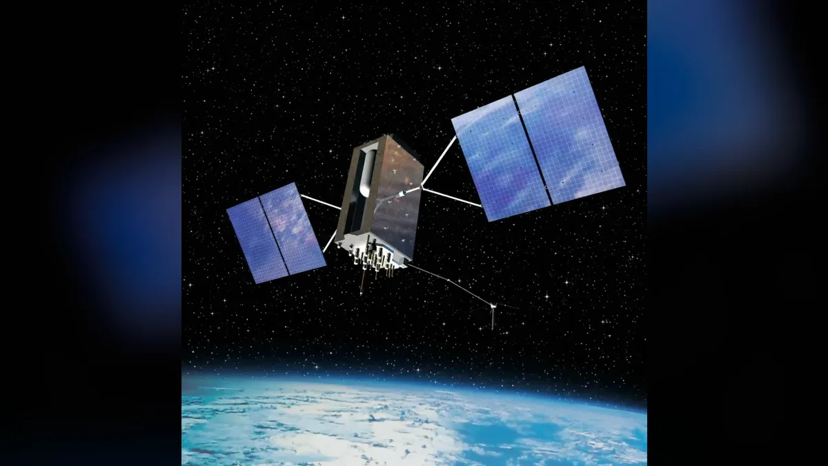 Official render of a GPS III satellite above Earth, restyled onto a dark starfield.