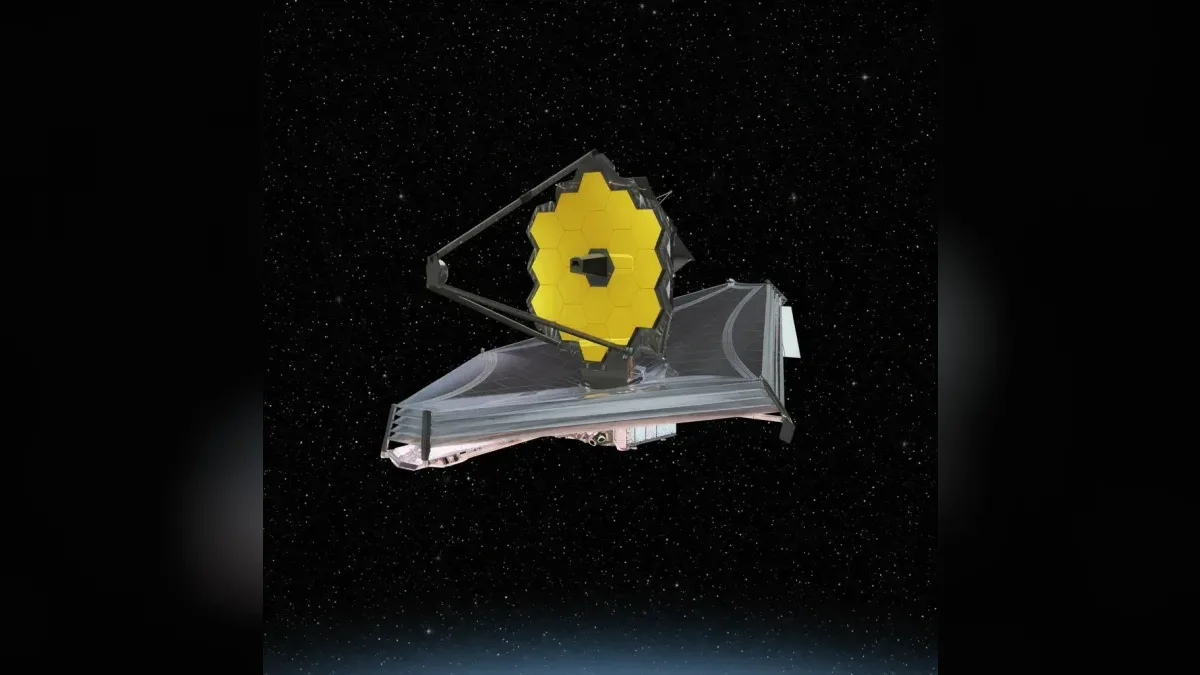 Artist's concept of the deployed James Webb Space Telescope, restyled onto a dark starfield.