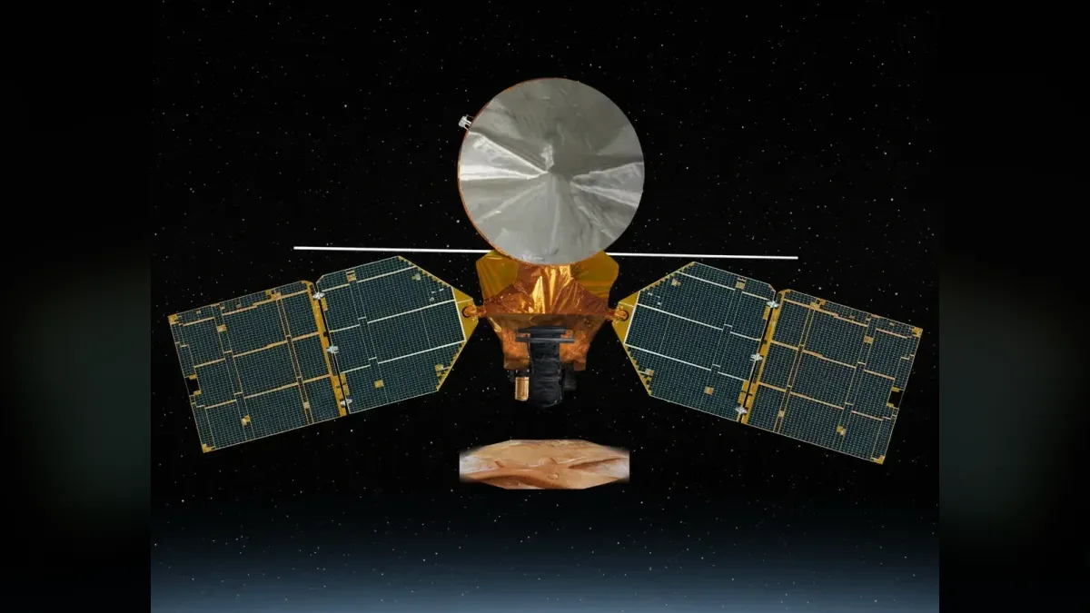 Artist's concept of Mars Reconnaissance Orbiter above Mars, restyled onto a dark starfield.
