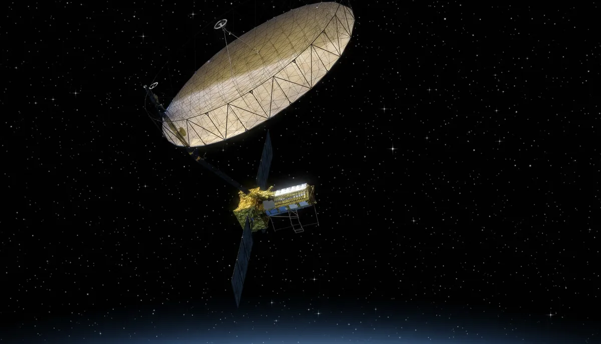 Artist's concept of the NISAR radar satellite in orbit with its antenna reflector deployed, restyled onto a dark starfield.