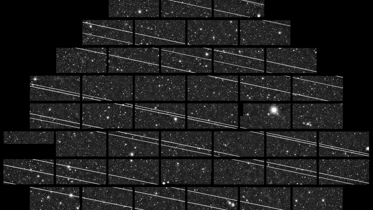 Starlink satellite trails crossing a telescope image of the night sky above Cerro Tololo, Chile.