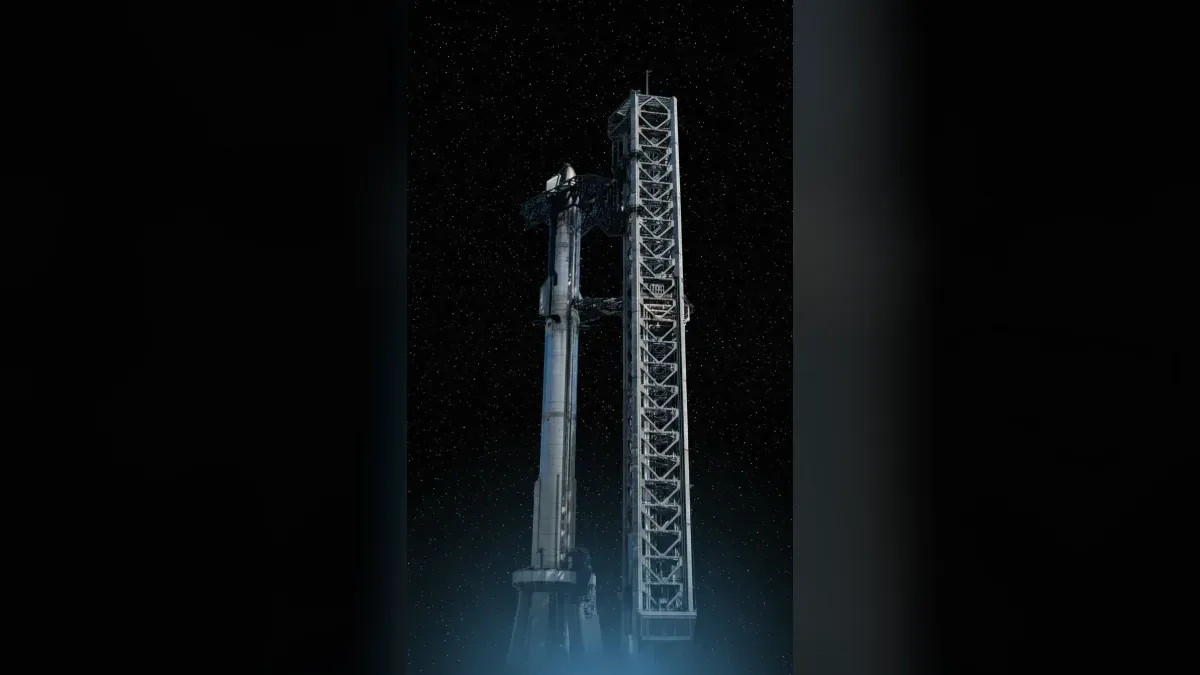 The fully stacked Starship on the orbital launch mount at Starbase, restyled onto a dark starfield.