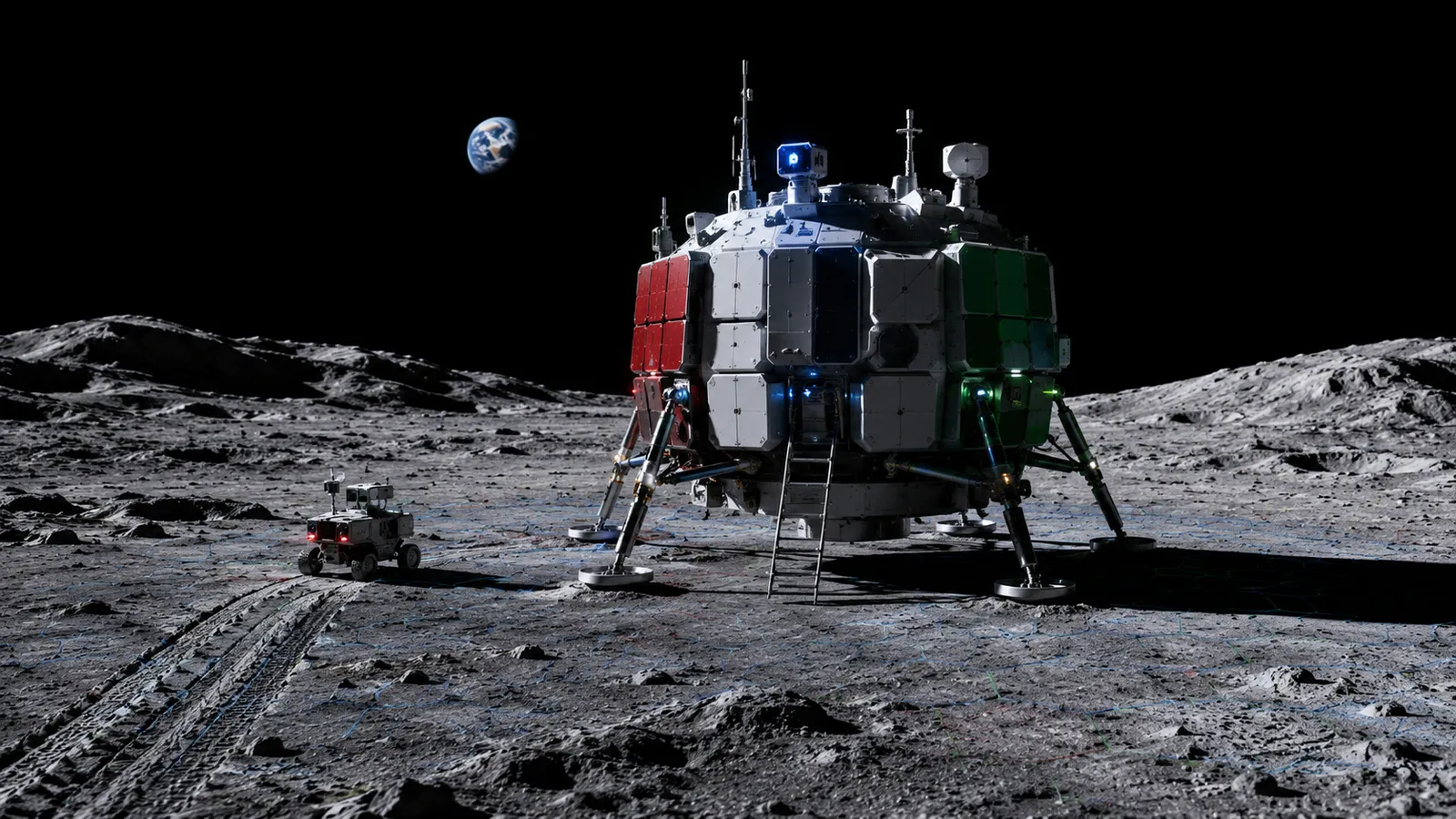 A modular lander in blue, red and green panels on the lunar surface, rover tracks leading away, Earth small in the black sky.
