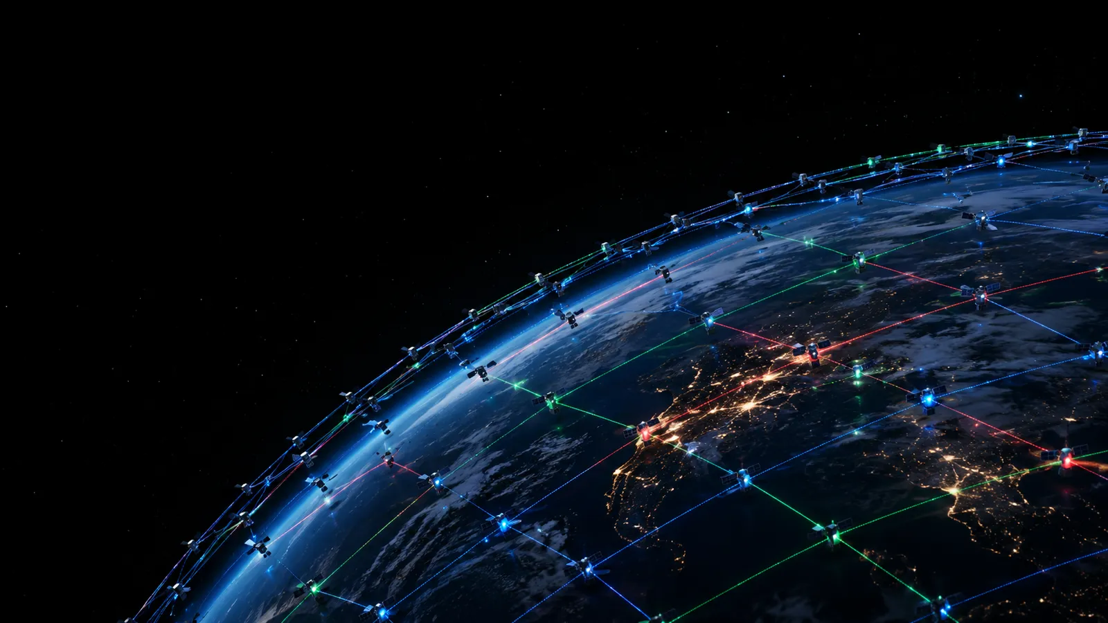 Concept artwork of a dense lattice of small satellites and coloured links wrapped around the curve of Earth at night.
