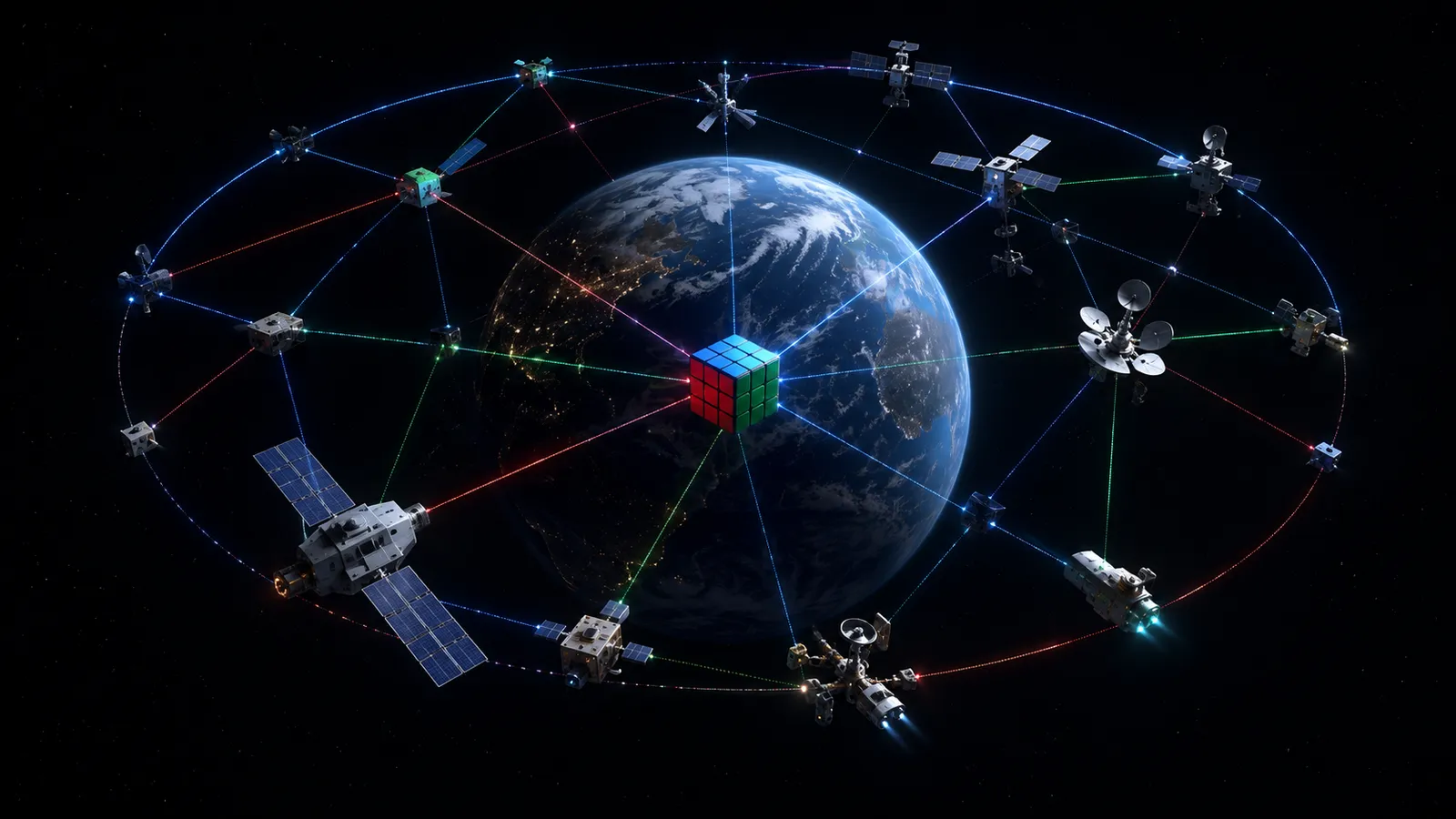 Illustration: satellites and modular spacecraft on blue, red and green orbital routes around Earth.