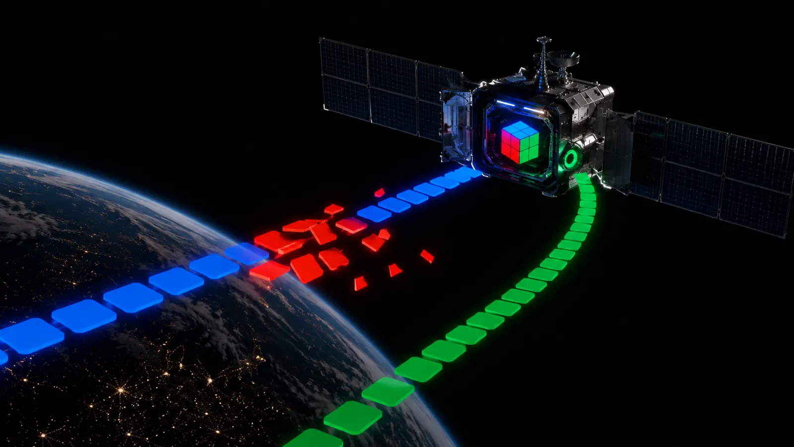 Freight trains of glowing blue, red and green data blocks flowing from a satellite towards Earth.