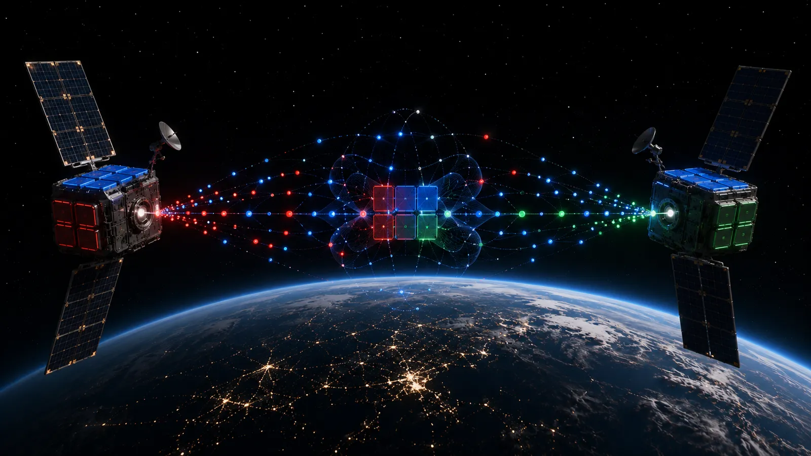 Concept artwork of two cube satellites holding a data link above the night side of Earth, the signal drawn as red, blue and green blocks.