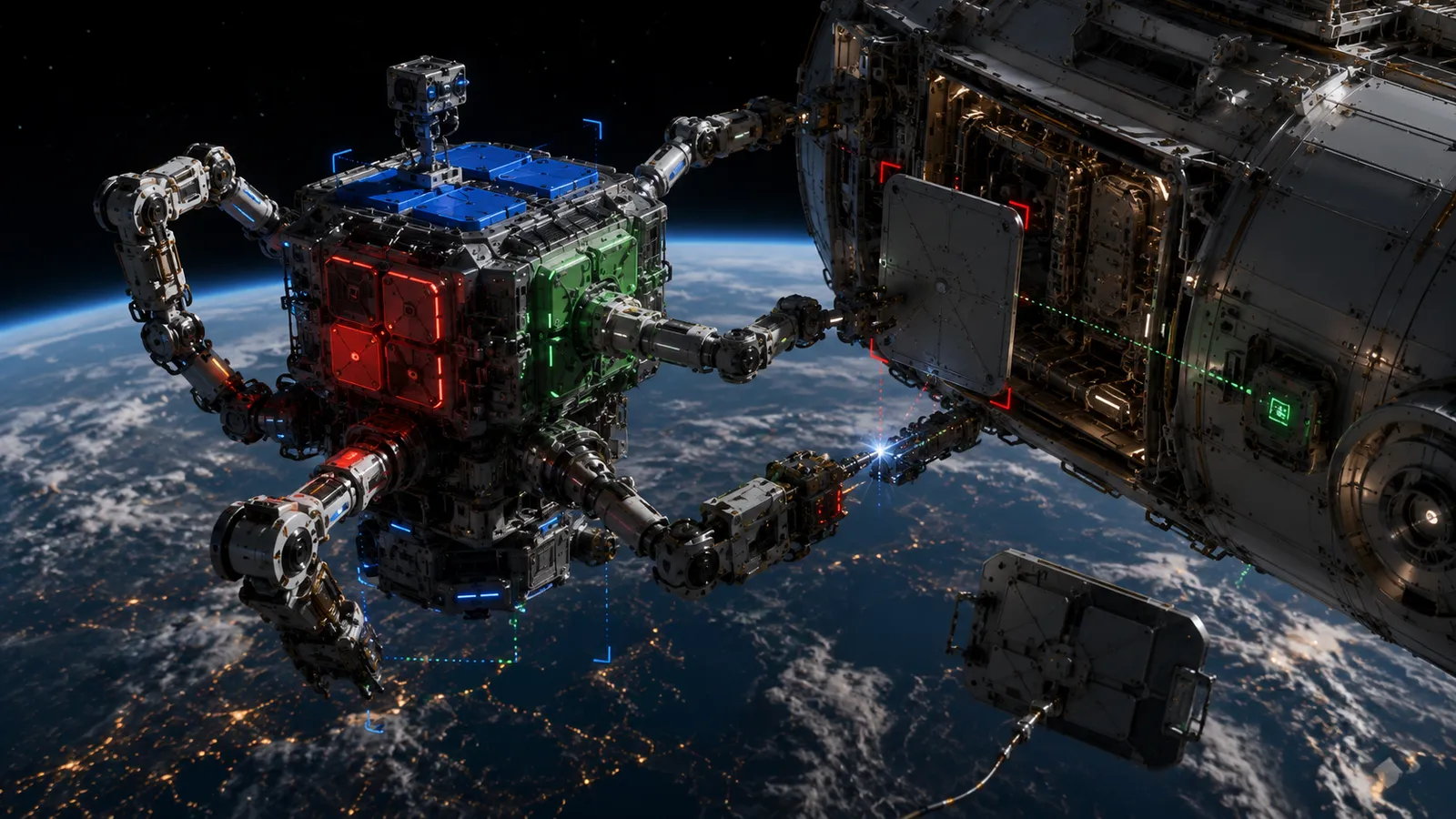 Concept artwork of a multi-armed robotic servicing craft fitting a panel to a station module high above Earth.